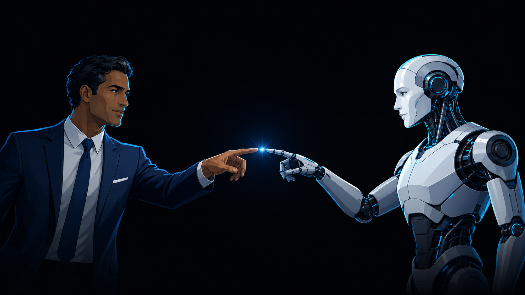 A business professional and humanoid robot reaching toward an electric-blue spark